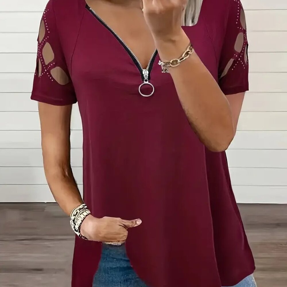 New Stretch Bling Blouse Shirt Short Sleeve Zipper V Neck Top 2X 3X
